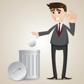 Cartoon businessman put paper in recycle bin