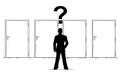 Cartoon of Businessman with Question Mark Above Head is Choosing Right Door