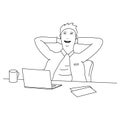 Cartoon businessman relaxing on the desk after finishing work