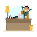Cartoon businessman resting in a workplace. Cheerful man sitting Royalty Free Stock Photo
