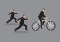 Businessman Riding Bicycle and Coworkers Running Behind Him Cart