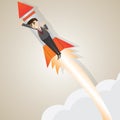 Cartoon businessman rising with rocket