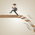 Cartoon businessman run away from broken rope bridge Royalty Free Stock Photo