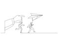 Cartoon of businessman run to paper plan. Metaphor for follow instruction. Continuous line art style