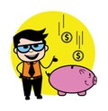 Cartoon Businessman saving money in piggy bank