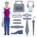 Cartoon businessman with set of office accessories Royalty Free Stock Photo