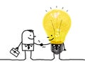 Cartoon Businessman Shaking Hands with Funny Light Bulb character