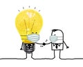 Cartoon Businessman Shaking Hands with Light Bulb character and mask