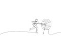 Cartoon of businessman shooting target with arrow. Metaphor for market goal achievement, financial aim. Single continuous line art Royalty Free Stock Photo