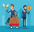 Cartoon businessman sitting on money bags on trolley and businesman holding a money coin