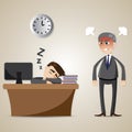 Cartoon businessman sleeping and angry boss