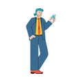 Cartoon businessman with smartphone flat vector illustration isolated.
