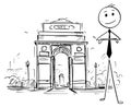 Cartoon of Businessman Standing in Front of the India Gate, New Delhi