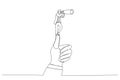 Cartoon of businessman standing on giant thumb using telescope to look into the distance. Single continuous line art style