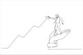 Cartoon of businessman standing on helping hand pull up rising graph. Drive sale increasing profit. Single continuous line art