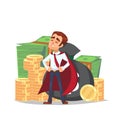 Cartoon businessman standing with stack of money. Character in the cloak of a superhero stands with pile of gold coins. Earnings g