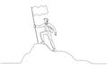 Cartoon of businessman standing on the top of mountain peak holding flag like conqueror. One continuous line art style