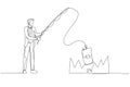 Cartoon of businessman stealing money from trap with fishing rod metaphor of investment risk. One line art style