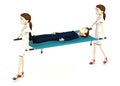 Cartoon businessman on stretcher carrying by nurses