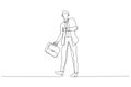 Cartoon of businessman in suit with a large business travel bag looks at his watch and hurries. One continuous line art style Royalty Free Stock Photo