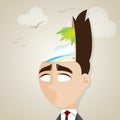 Cartoon businessman with summer beach in his head