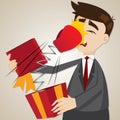 Cartoon businessman with surprise gift box