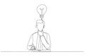 Cartoon of businessman thinking on productive ideas sitting at laptop and notepad for notes. One line art style