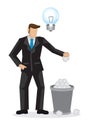 Cartoon businessman throw papers into office trashbin with a unlighted bulb. Concept of no idea for his business. Royalty Free Stock Photo