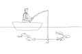 Cartoon of businessman try to get fish but not getting one concept of unsuccessful. One continuous line art style Royalty Free Stock Photo