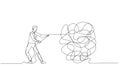 Cartoon of businessman try to unraveling tangled rope concept of solution and problem solving. One line art style