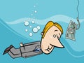 Cartoon businessman underwater and banknote as a fish bait