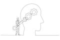 Cartoon of businessman with using wrench fixing gear cogwheels metaphor for change mindset attitude. One line art style