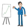 Cartoon businessman very happy to see rising sales chart, vector illustration Royalty Free Stock Photo