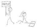 Cartoon of Businessman Walking with Fair Play Sign After he Hit Another Man with Sign