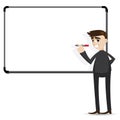 Cartoon businessman writing whiteboard