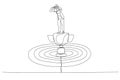 Cartoon of businessmen standing above trophy on dartboard using binoculars. Single line art style