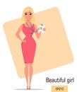 Cartoon businesswoman. Beautiful blonde lady in fashionable dress showing badge.