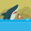 Cartoon businesswoman boat fishing with huge shark sneak Royalty Free Stock Photo