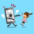 Cartoon businesswoman and broken screen smartphone