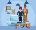 Cartoon businesswoman and businessman at office living room