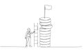 Cartoon of businesswoman climbs a ladder to get a flag atop of huge money profit. One line style art