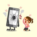 Cartoon businesswoman cry with broken screen smartphone