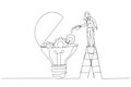 Cartoon of businesswoman drop lubricant or grease into mechanical gears lightbulb concept of creativity. Single line art style