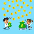 Cartoon businesswoman earns more money than businessman by trolley Royalty Free Stock Photo