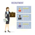 Cartoon businesswoman holds briefcase. Female HR specialist search new employee. Vacancies list, job seekers. Hiring agency