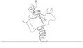 Cartoon of businesswoman investor riding and balance himself on rodeo bull concept of stock investor. Single continuous line art