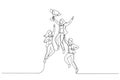 Cartoon of businesswoman jumping holding trophy get reward and celebrate. Continuous line art