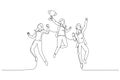 Cartoon of businesswoman jumps in the air with trophy cup in the hand getting recognition. Single line art style