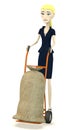 Cartoon businesswoman with little truck with sack