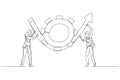 Cartoon of businesswoman partner help rotate gear cogwheel to make arrow rising up concept of business transformation. Single line